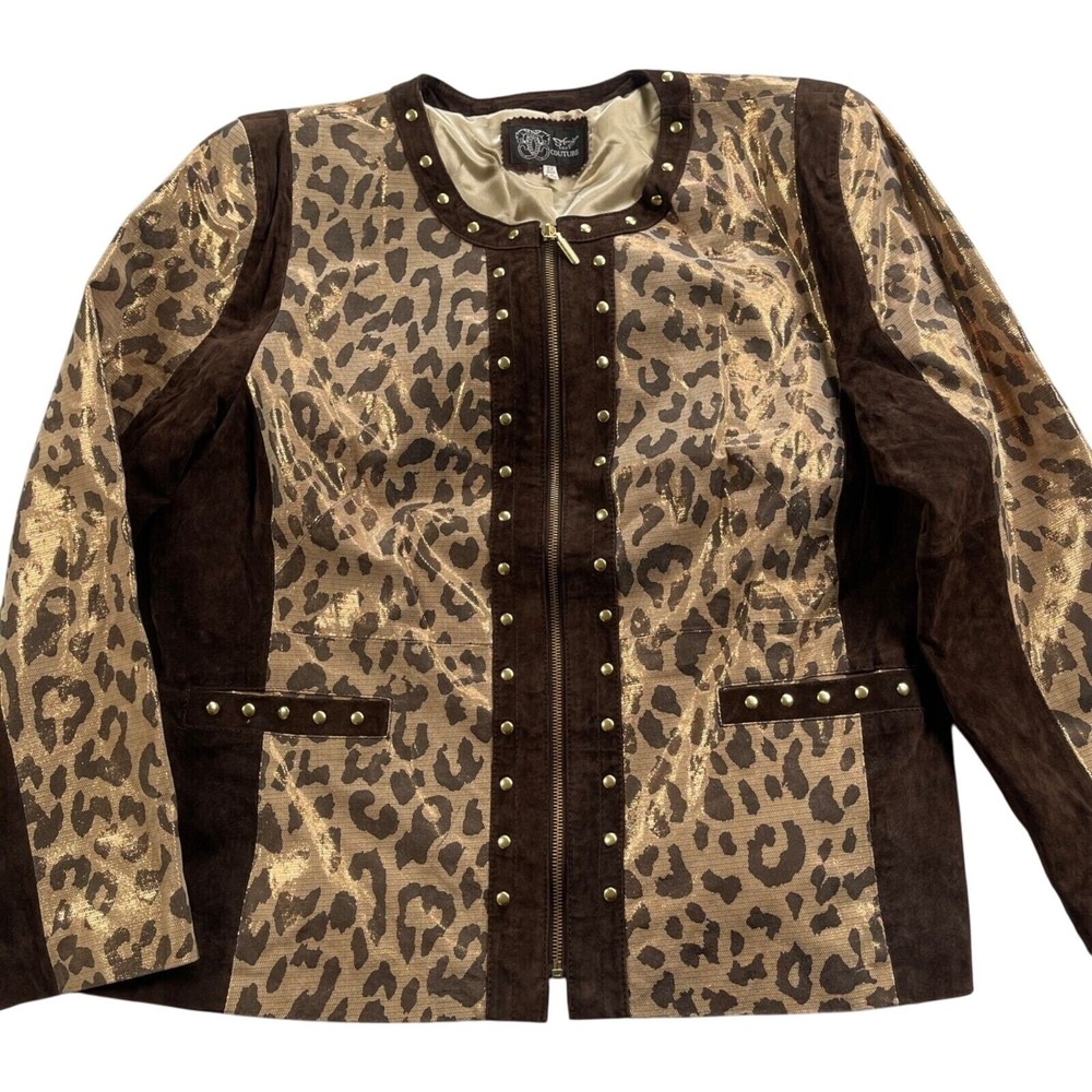 Sharif 1827 Couture Jacket Womens 2X Brown Tan Leopard Print Suede Leather